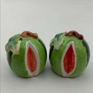 Vintage Watermelon Salt and Pepper Shakers Green and Red Ceramic Fruit Figurines